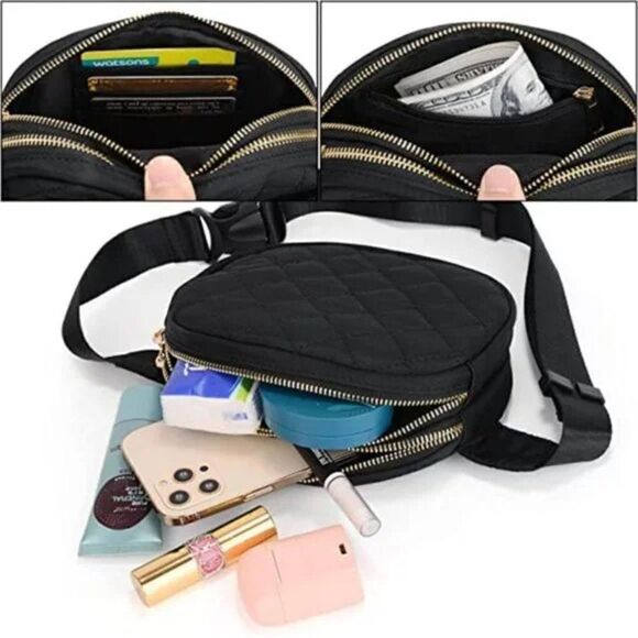 BELT Bag for Women Fanny Waist Pack Fashion Designer, Quilted Black Pu - Picture 3 of 9